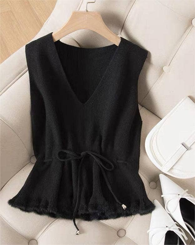 V-Neck Flounce Waist Tie Women Knit Vest