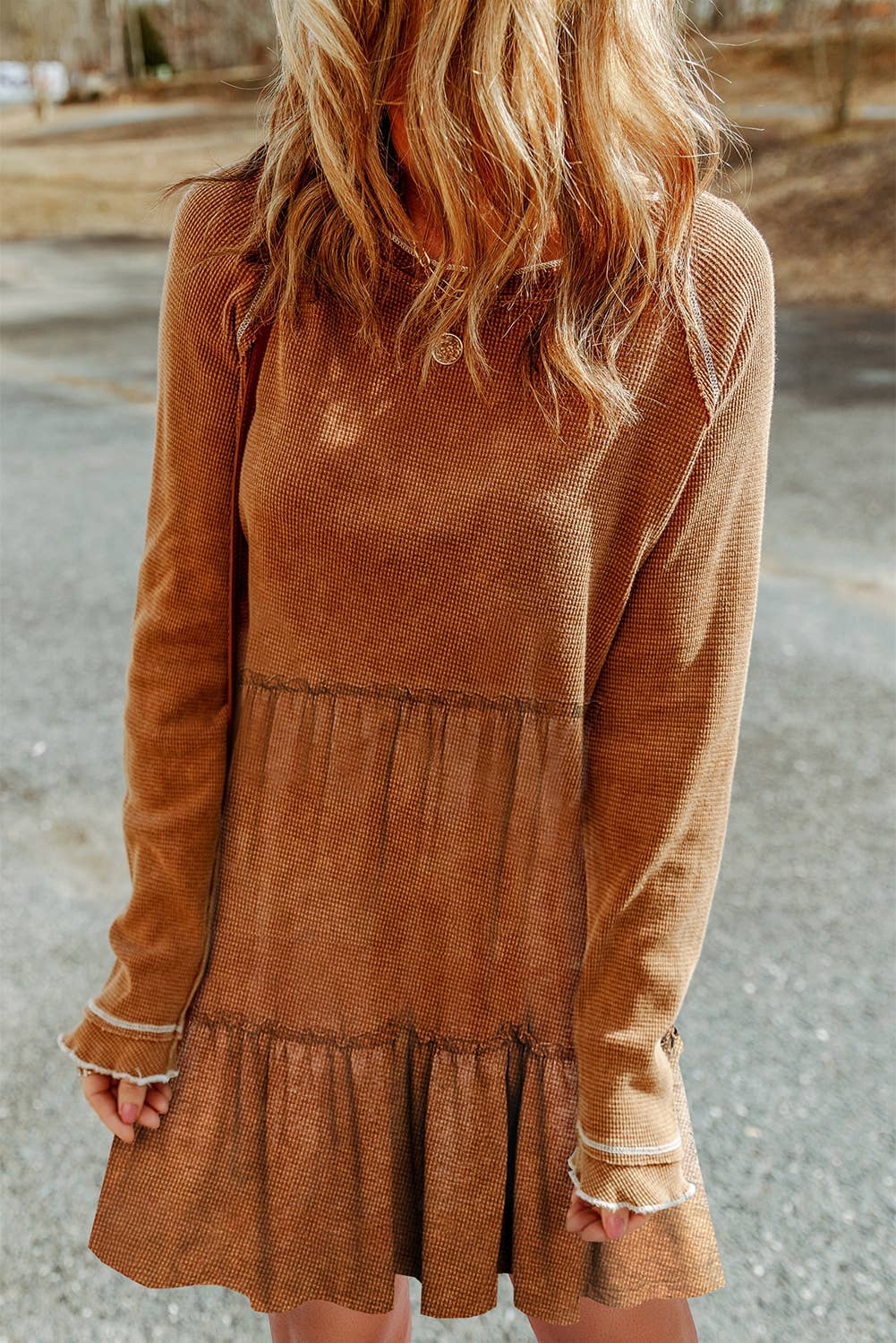 Chestnut Textured Tiered Ruffled Long Sleeve Mini Dress