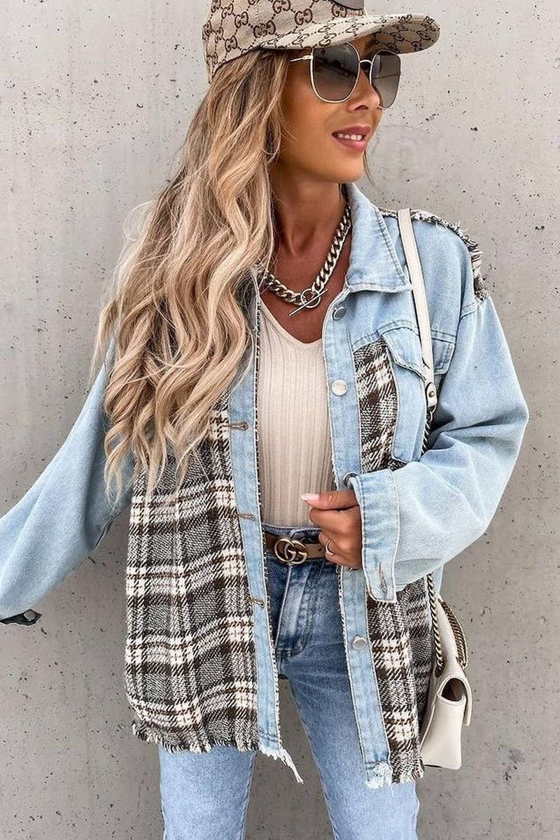 Women's Denim Patchwork Plaid Jacket