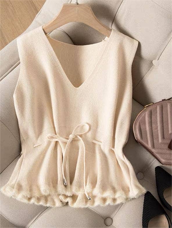 V-Neck Flounce Waist Tie Women Knit Vest