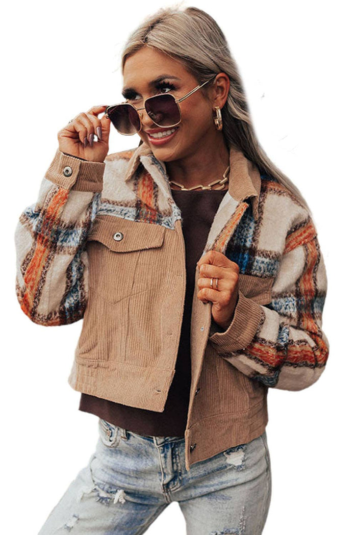 Khaki Plaid Corduroy Flap Pockets Boxy Chunky Jacket