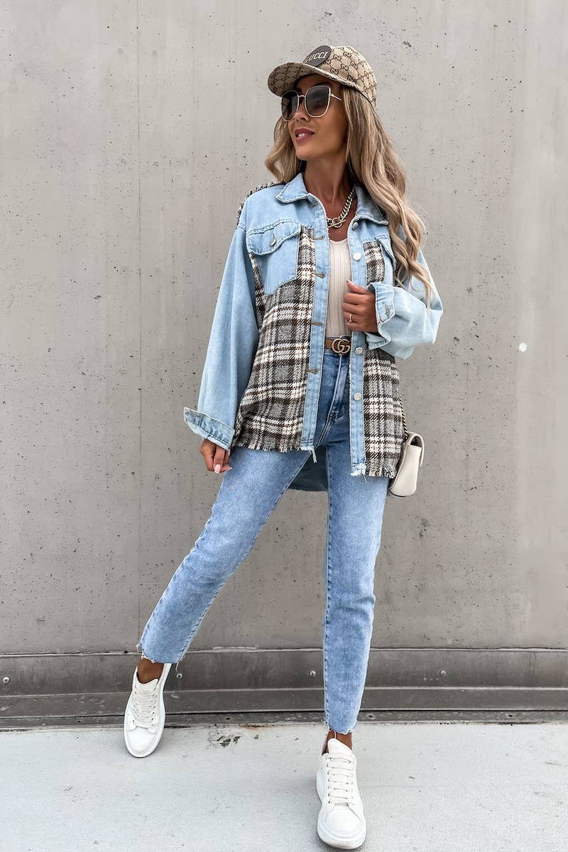 Women's Denim Patchwork Plaid Jacket