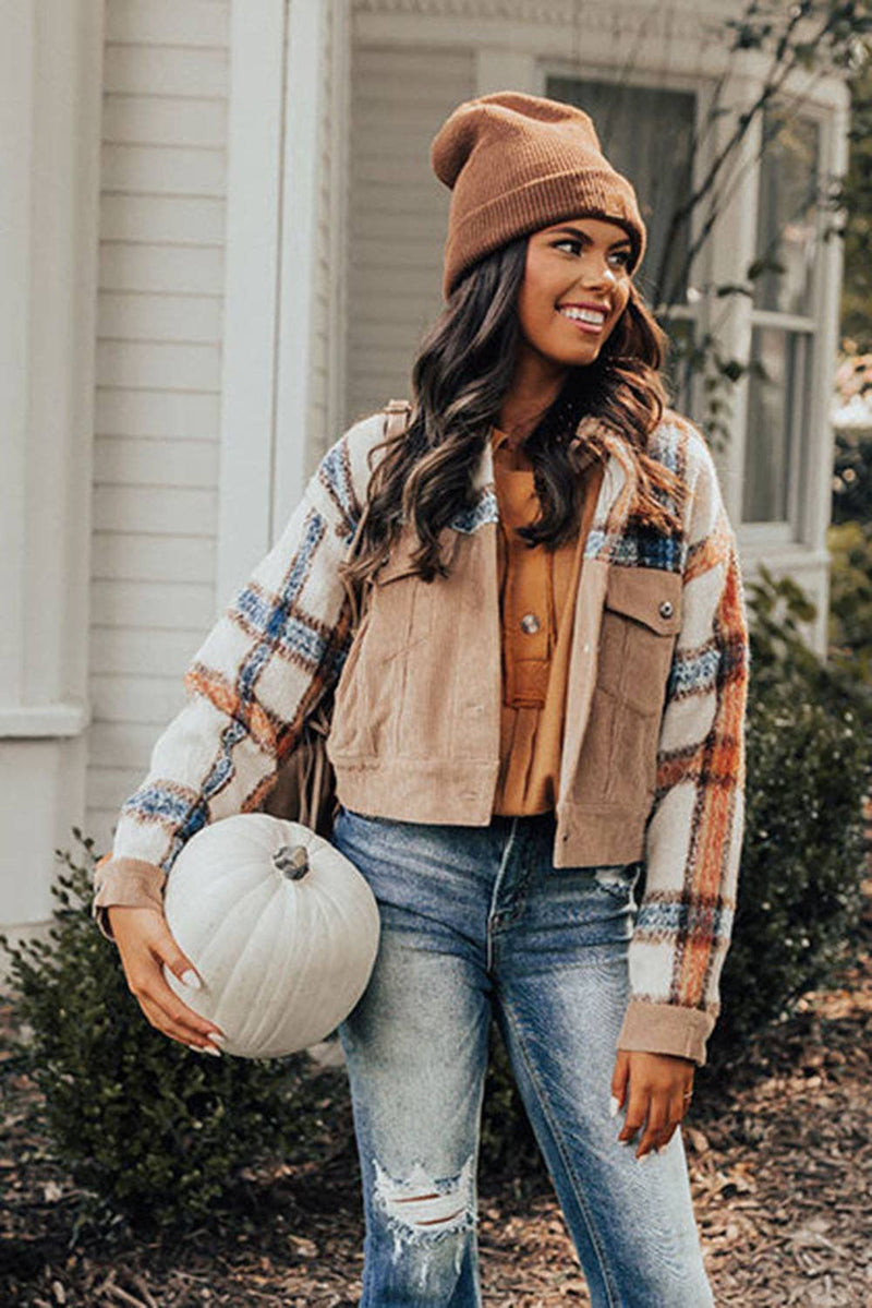 Khaki Plaid Corduroy Flap Pockets Boxy Chunky Jacket