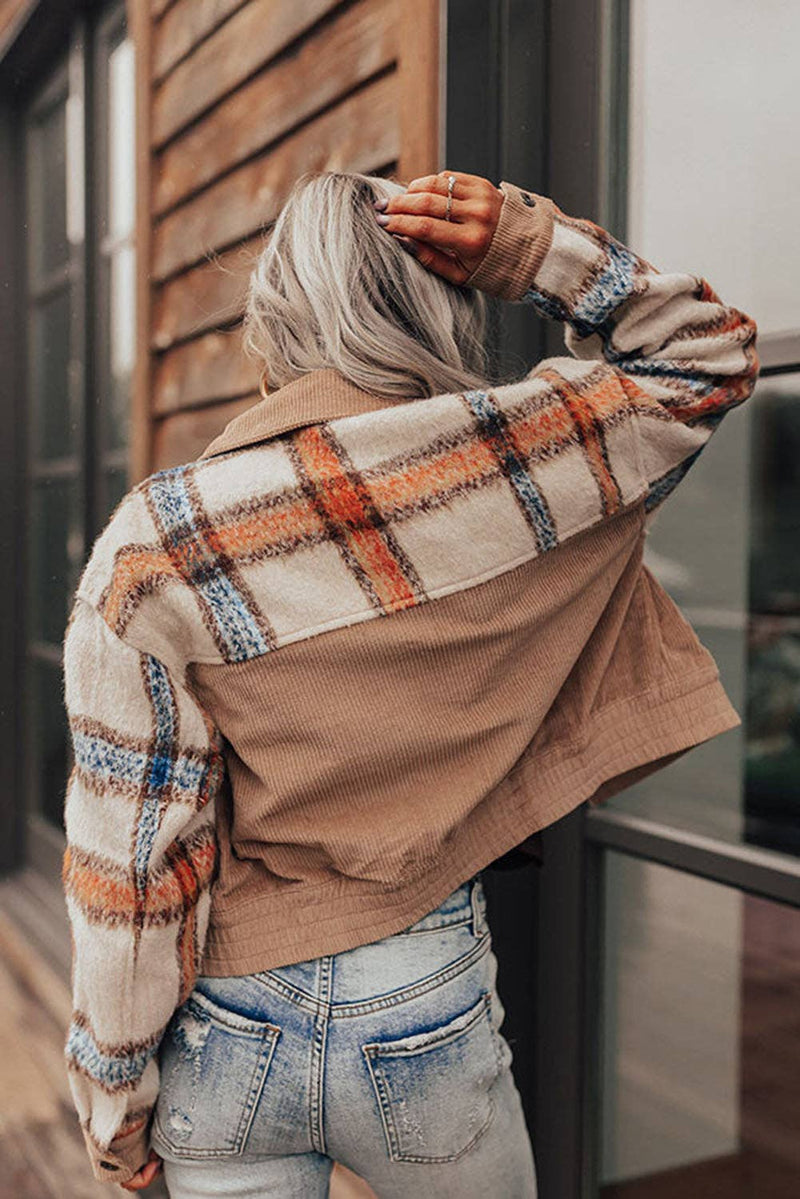 Khaki Plaid Corduroy Flap Pockets Boxy Chunky Jacket