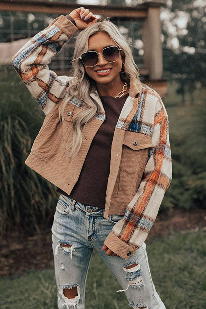 Khaki Plaid Corduroy Flap Pockets Boxy Chunky Jacket