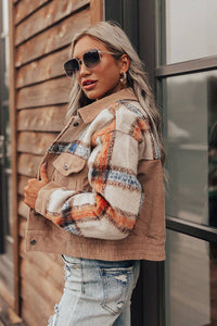 Khaki Plaid Corduroy Flap Pockets Boxy Chunky Jacket