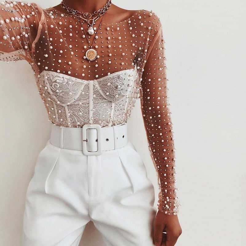 Pearl Rhinestone Studded See Through Mesh Crop Top