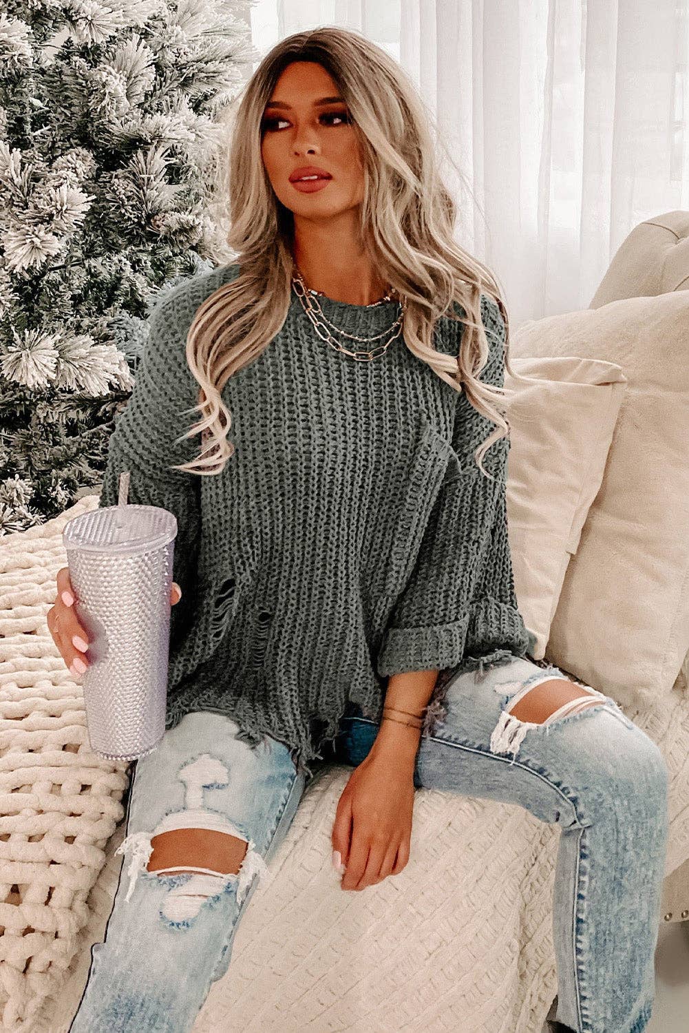 Ripped Raw Hem Chunky Pullover Sweater