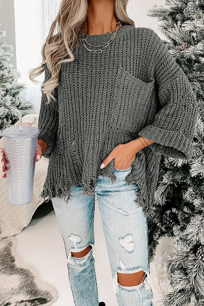 Ripped Raw Hem Chunky Pullover Sweater