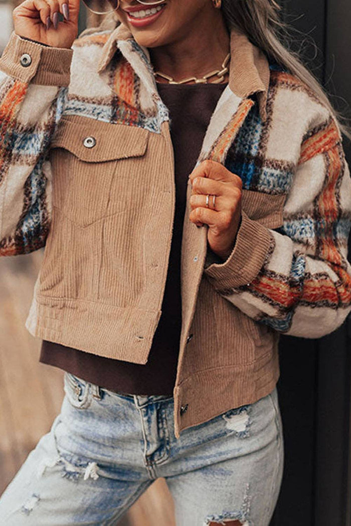 Khaki Plaid Corduroy Flap Pockets Boxy Chunky Jacket