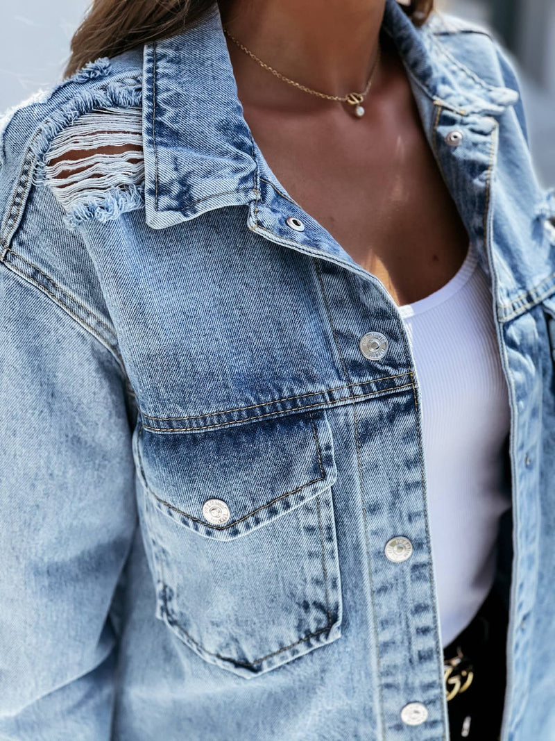 Washed ripped long sleeve denim jacket