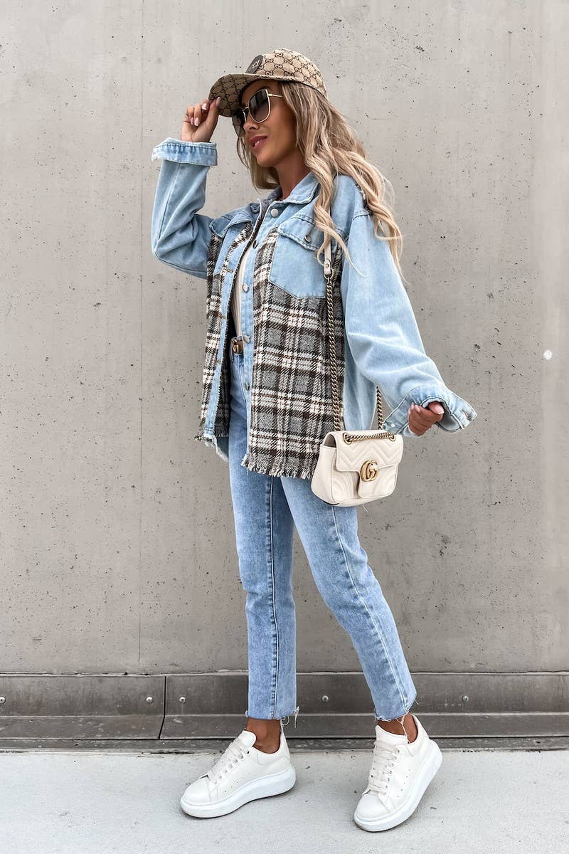 Women's Denim Patchwork Plaid Jacket