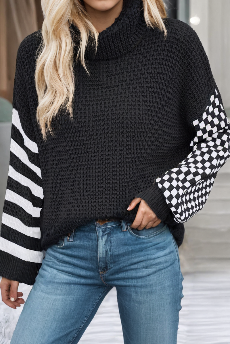 Striped Plaid Patchwork Waffle Knit Turtleneck Sweater