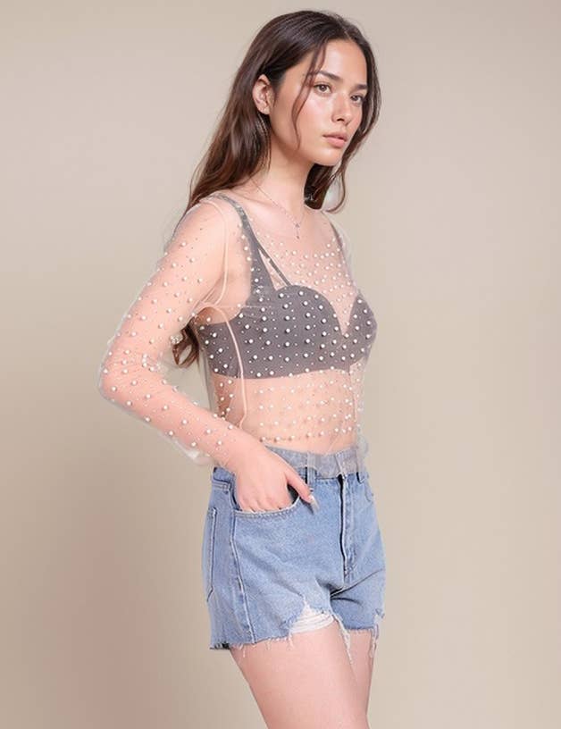 Pearl Rhinestone Studded See Through Mesh Crop Top