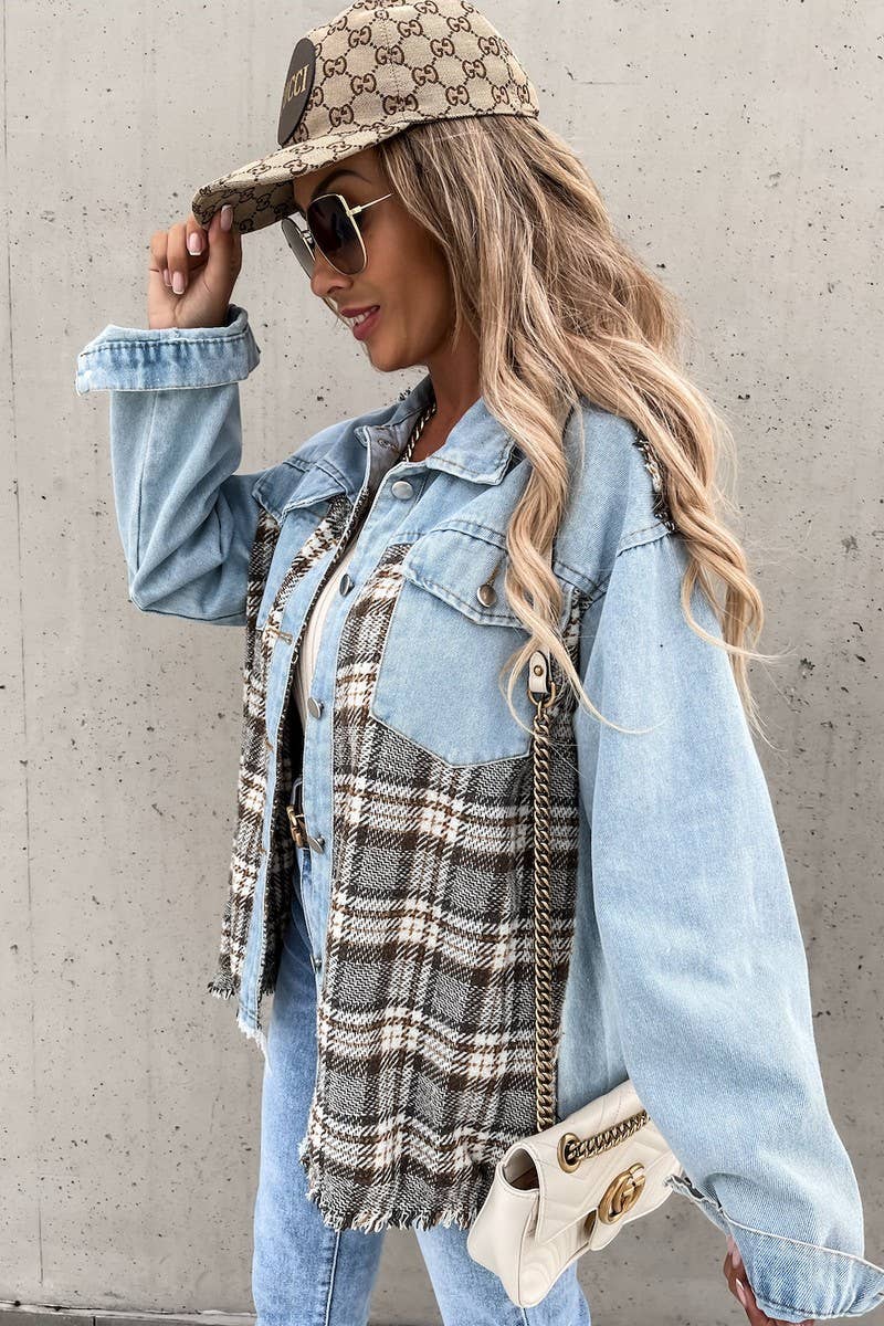 Women's Denim Patchwork Plaid Jacket