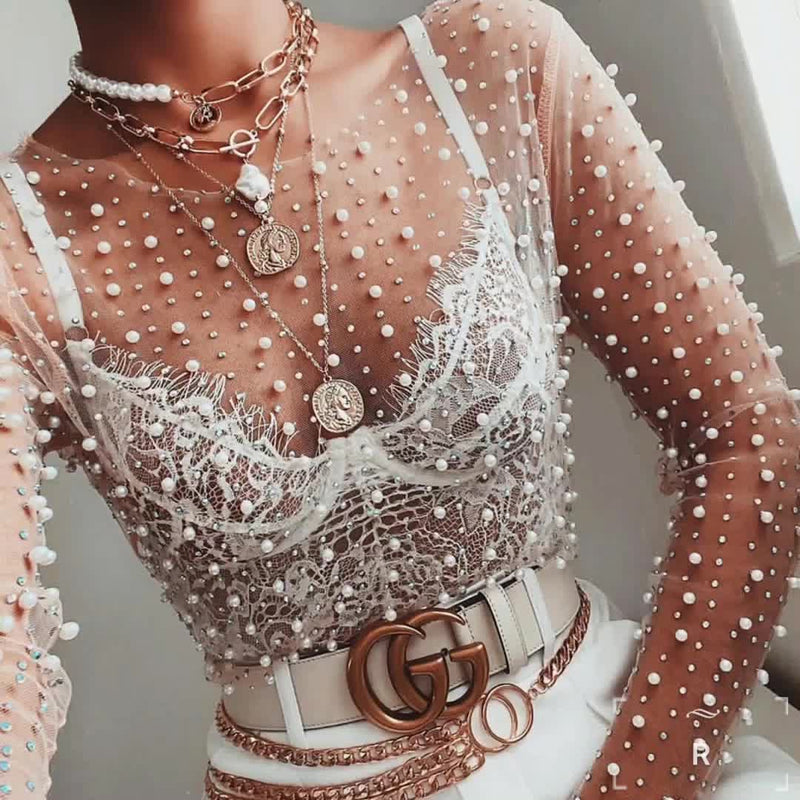 Pearl Rhinestone Studded See Through Mesh Crop Top