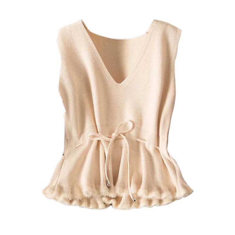 V-Neck Flounce Waist Tie Women Knit Vest