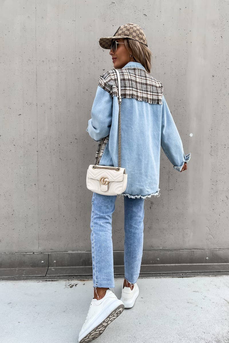 Women's Denim Patchwork Plaid Jacket