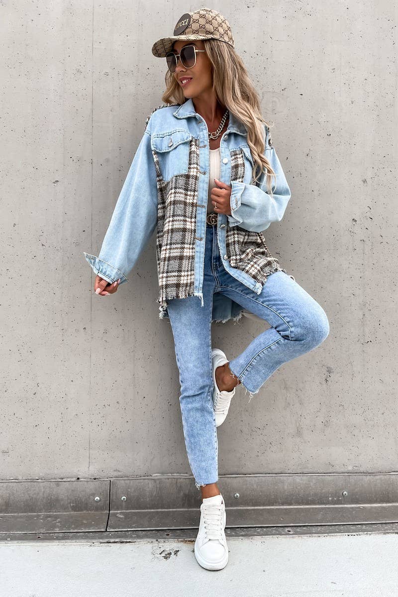 Women's Denim Patchwork Plaid Jacket