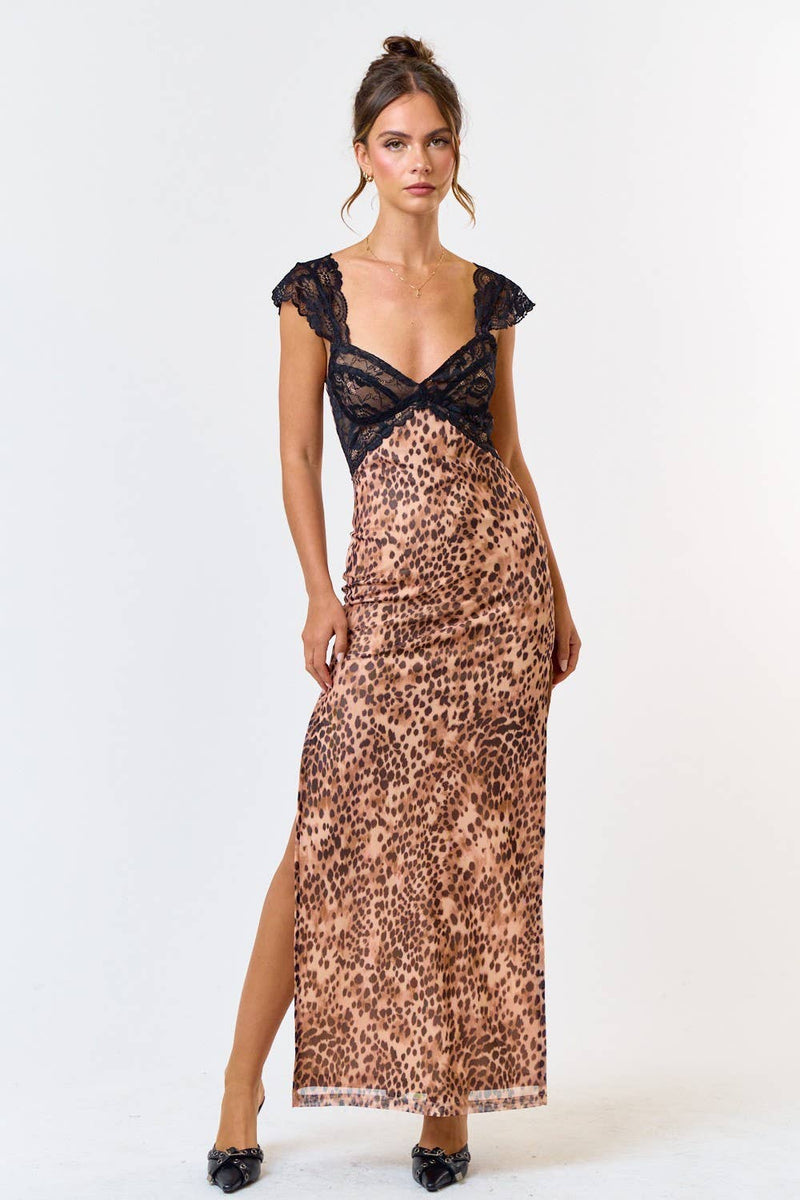 Mesh Leopard Side Slit Maxi Dress