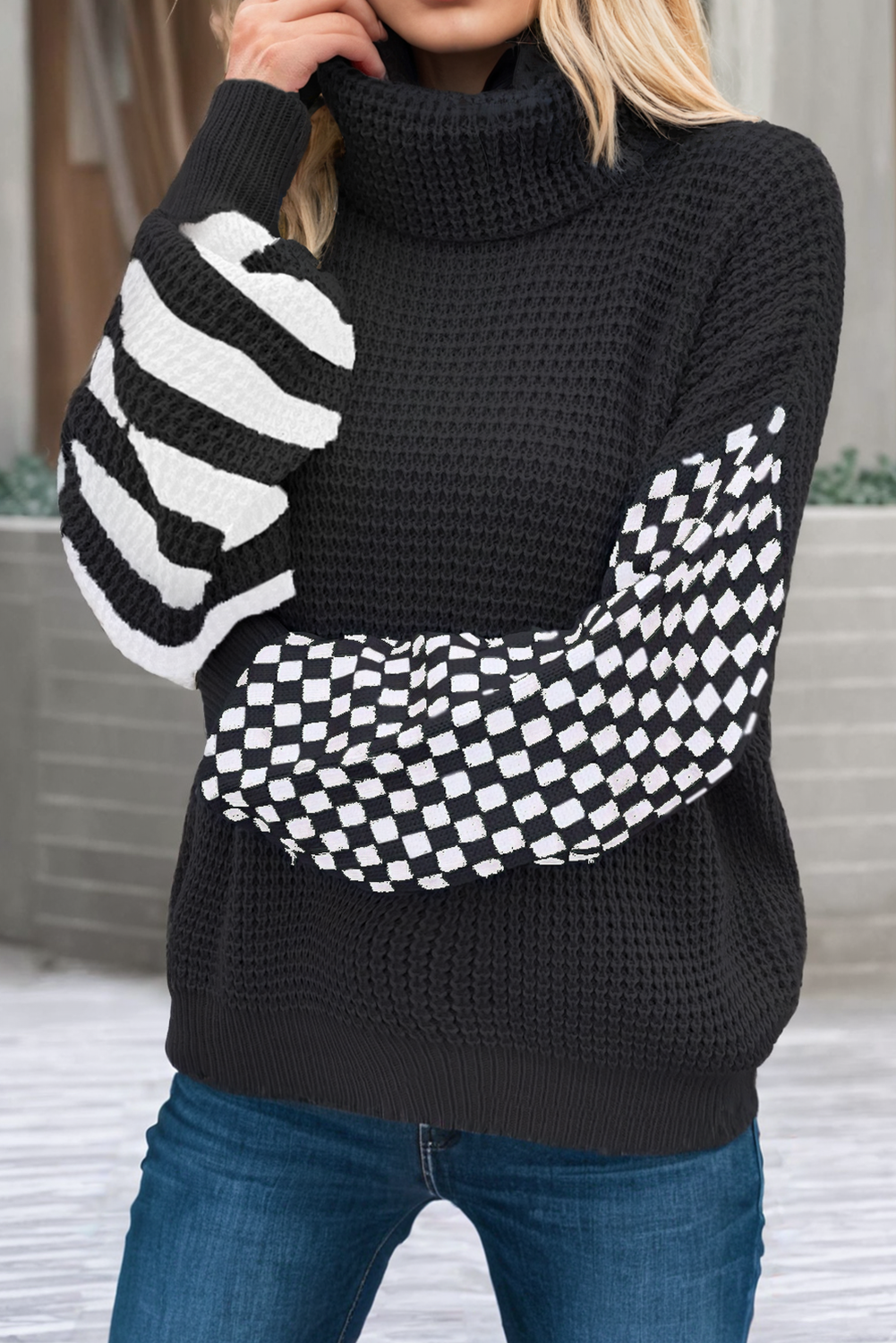 Striped Plaid Patchwork Waffle Knit Turtleneck Sweater