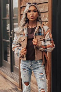 Khaki Plaid Corduroy Flap Pockets Boxy Chunky Jacket