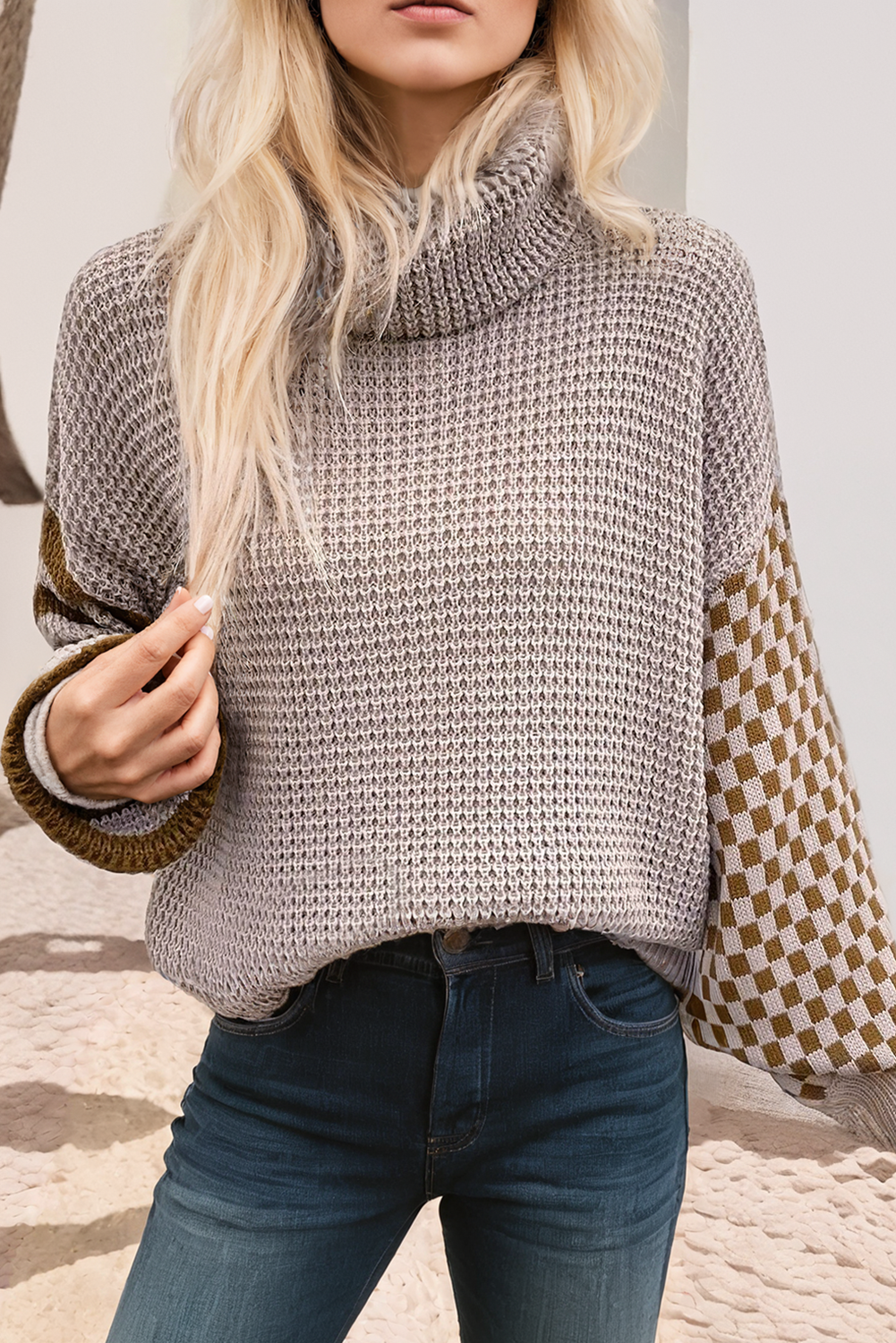 Striped Plaid Patchwork Waffle Knit Turtleneck Sweater